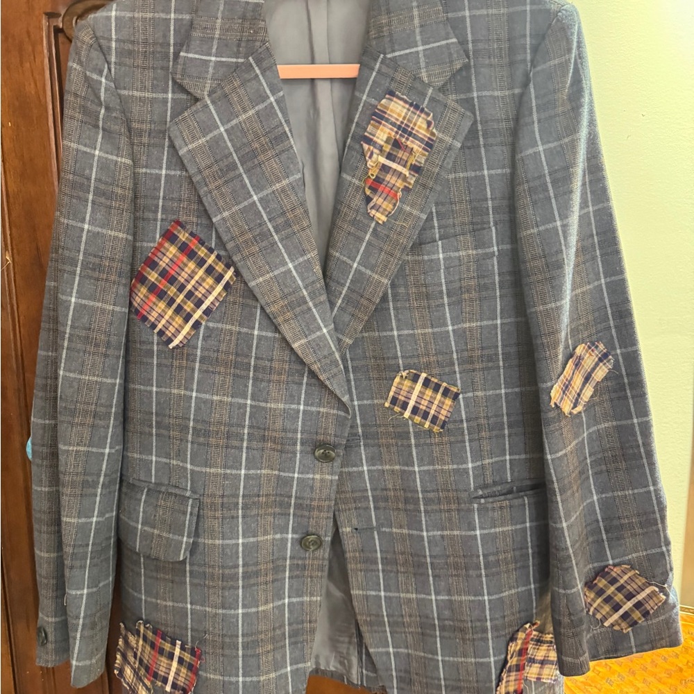 Hardy Amies Gray Plaid Blazer with Multicolor Patches